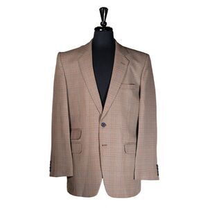Mens 44R Blazer Plaid Beige Cotton 2 Button Sport Coat Formal Wedding Jacket